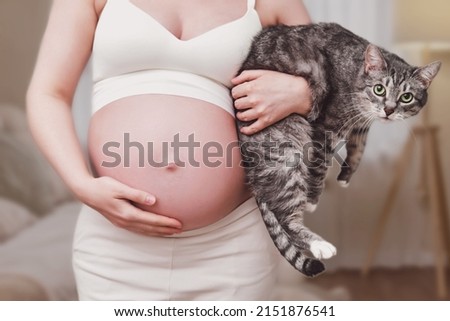 Pregnant woman with a pet cat in her hands, home living room