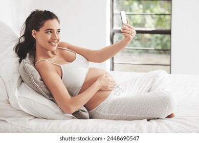 Pregnant woman, phone selfie or video call in house bedroom for communication or online consultation. Smile, mom or happy mother on mobile app for gynecology telehealth, pregnancy update or maternity - Powered by Shutterstock