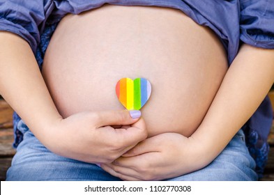 Pregnant woman pride shows on camera heart LGBT rights Lesbian Gay Bisexual Transgender Geek on city sunny day background. 
