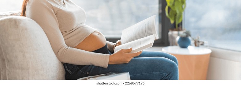 Pregnant woman reading prenatal books preparing for labor, birth, newborn and motherhood sitting on sofa at home. Pregnancy lifestyle panoramic banner - Powered by Shutterstock