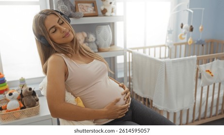 Pregnant woman relaxing with headphones in a cozy bedroom next to a baby cradle, surrounded by soft toys and gentle light, embodying serenity and anticipation in her home environment.