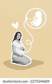 Pregnant woman sitting floor hugging her big abdomen healthy mama child think of future child artwork picture conceptual collage