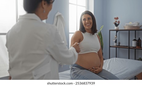 Pregnant woman smiling and shaking hands with a female doctor in an indoor clinic setting with natural light and medical equipment around. - Powered by Shutterstock