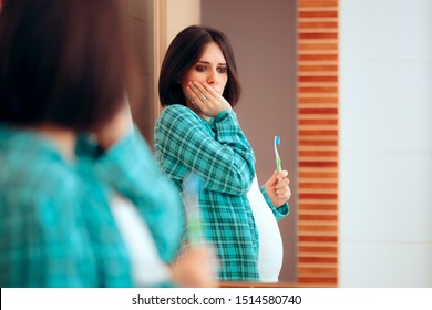 Pregnant Woman With Tooth Ache And Sore Gums. Woman Experiencing Pregnancy Difficulties In Her Last Trimester 
