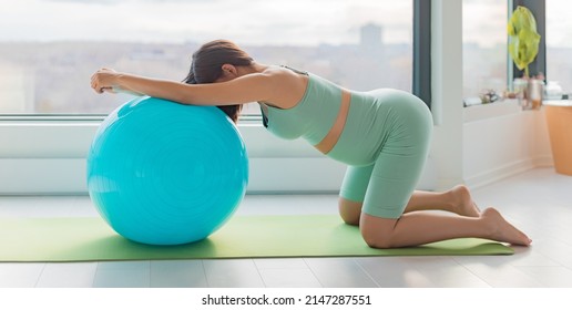 Pregnant Woman Training Labor Position Stretch Kneeling On Birthing Ball On Her Hands And Knees Stretching Home Pregnancy Workout Banner