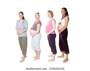 Pregnant Women, Diversity And Support Group Community With Multicultural Friends And Mothers Standing Together. Health, Wellness And Pregnancy Class For Happy And Healthy Women In Maternity Wear