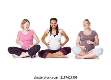 Pregnant Women Or Friends Ready For Yoga, Pilates Or Birth Class For Help, Support And Community Or Wellness. Happy Mother With Smile And Hope Of Life Growth Sitting On Floor With White Background