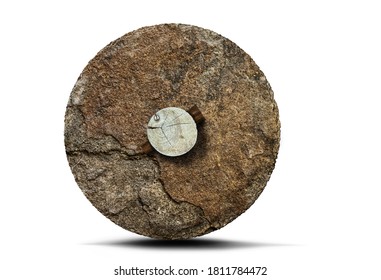 Prehistoric Stone Wheel With Wooden Axle Isolated On White Background