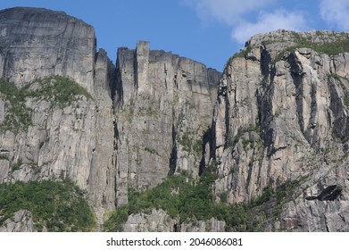 Preikestolen pulpit rock made of granite seen from below from the bottom of Lysefjord fjord and canyon in Norway - Shutterstock ID 2046086081