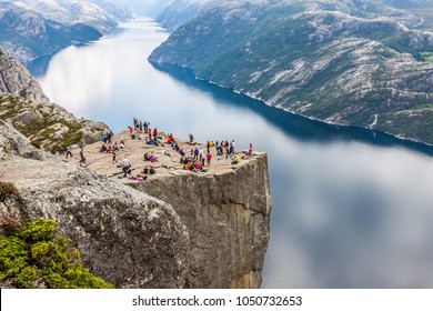 Preikestolen,Pulpit Rock at Lysefjorden (Norway). A well known tourist attraction - Shutterstock ID 1050732653