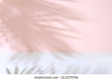 Premium Empty Podium With Shadows Of Tropical Palm Leaves On Pink Wall,Minimal Abstract Background For Cosmetic Products Presentation.template For Design,pedistal Display Podium,selective Focus