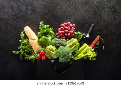 Premium Food Store Concept Or Background, Dark Shopping Bag With  Fresh Produce, Wine And Bread