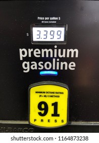 Premium Gasoline 91 Grade Button At Fuel Pump.