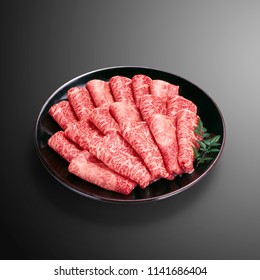 Premium Japanese wagyu beef sliced on plate for syabu syabu