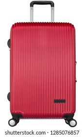 Premium Red Travel Suitcase With Wheels. Trolley Bag Front View.