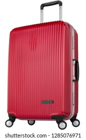 Premium Red Travel Suitcase With Wheels. Trolley Bag Diagonal View.