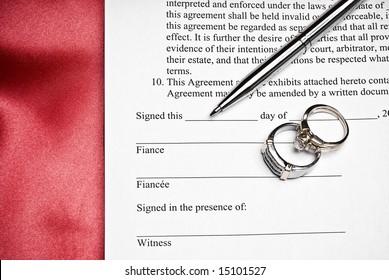 Prenuptial agreement with a pen and wedding rings