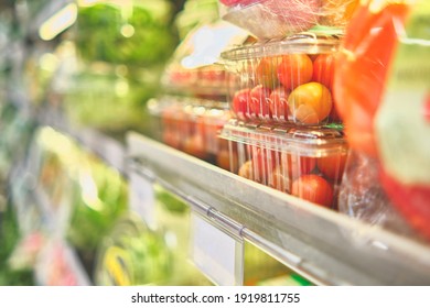 Prepackaged Salads In A Commercial Refrigerator, Salad Ready To Eat. Concept Of Healthy Food, Bio, Vegetarian, Diet. Selective Focus.