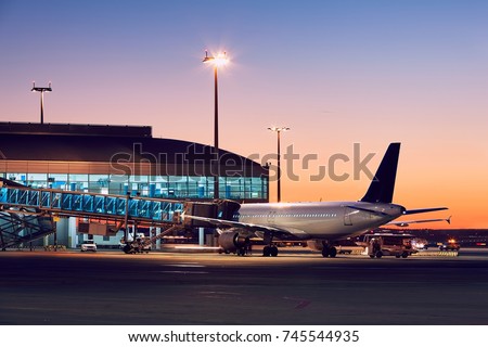 Preparation of the airplane before flight. Airport at the colorful sunset.