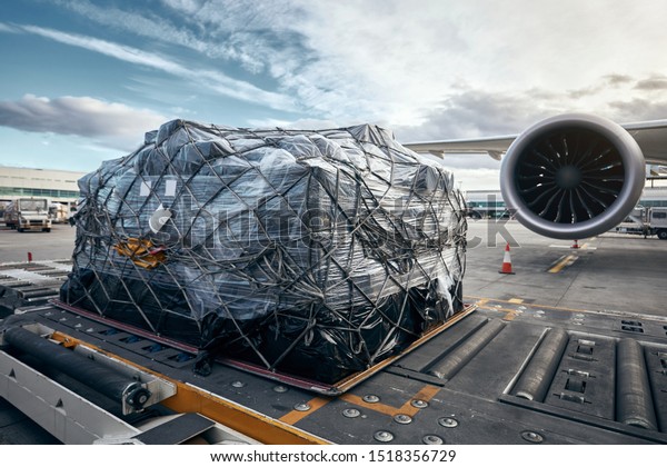 Preparation before flight. Loading of cargo container\
against airplane. 