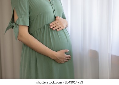 Preparation For Childbirth. Cropped Close Up Shot Of Young Expectant Surrogate Mother Hug Pregnant Belly At Reproductive Health Center. Tender Single Pregnant Woman Embrace Tummy By Window. Copy Space