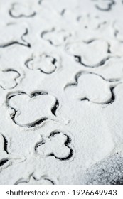 Preparation For Cooking Home Made Cookie. Top View, Flat Lay. Flour And Shape Of Clover. St Patricks Day Ornament Food Background. Baking Concept. Saint Patrick Preparation. Three Leaf Clover Dough