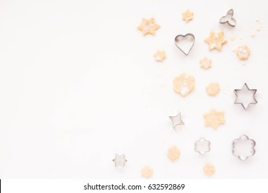 Preparation For Cooking Tasty Cookie. Baking Ingredients On White Kitchen Background. Top View, Flat Lay, Mock Up