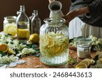 Preparation of elderflower syrup, ingredients and accessories visible on the table, soft light with deep shadows, close up view.