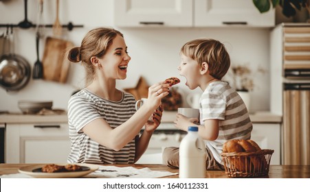 preparation of a family breakfast. mother and child son cut bread and eat cookies with milk in morning
 - Powered by Shutterstock