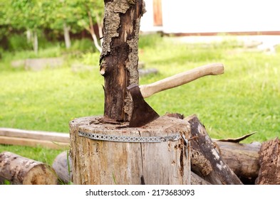 Preparation of firewood for heating the house, fireplace in winter. Wood cutting for firewood in summer, selective focus