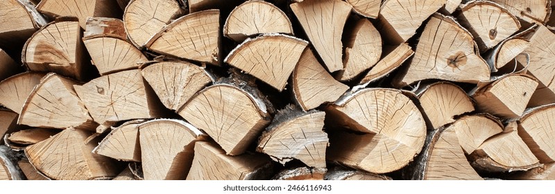 Preparation of firewood for the winter. View of the woodpile of firewood. Chopped firewood is randomly placed in a pile. The ends of chopped firewood close-up, side view.