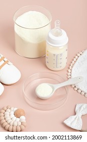 Preparation Of Formula For Baby Feeding. Baby Health Care, Organic Mixture Of Dry Milk Concept.