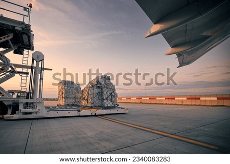 Preparation freight airplane before flight. Loading of cargo containers to plane at airport at sunset. 
