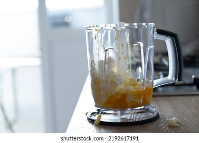 Preparation Of Healthy Food: Cottage Cheese And Egg In A Blender. Food Sloppy On The Table