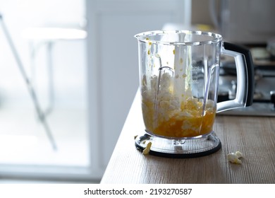 Preparation Of Healthy Food: Cottage Cheese And Egg In A Blender. Food Sloppy On The Table