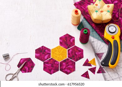 Preparation of hexagon pieces of fabric for sewing a quilt Grandmother's Flower Garden