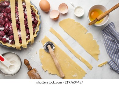 Preparation homemade  pie with lattice top and cherry filling. Making pie series. Step by step recipe. Top view - Powered by Shutterstock