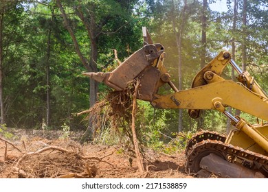 Preparation Land Logs In The Tractor Work With During Landscaping Works Align The Land For Construction Site