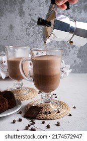 Preparation Of Lattes From Chocolate Oat Milk And Natural Coffee With Dessert. Vertical Orientation