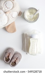 Preparation Of Mixture Baby Feeding On White Background Top View