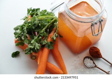 Preparation Of Pickled Carrots On A White Background. Pickle Juice Is Given In The Jar, Along With The Added Materials. It Is A Traditional Pickle Type Prepared In Turkish Cuisine. It Contains Red Pep