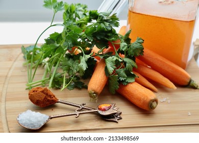 Preparation Of Pickled Carrots On Wooden Background. Pickle Juice Is Given In The Jar, Along With The Added Materials. It Is A Traditional Pickle Type Prepared In Turkish Cuisine.