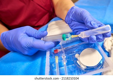 Preparation For Regional Anesthesia. Injection Of Anesthetic Into A Syringe