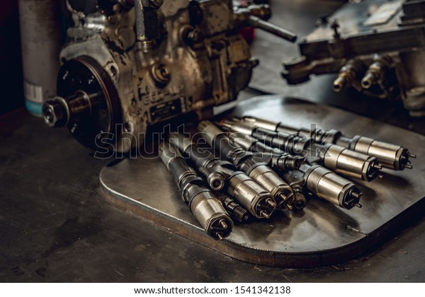 Preparation for renovation, professional repair\
of a diesel engine. The mechanic checks the condition of individual\
components, i.e. injectors, pistons, shaft, cylinders, body.\
Professional\
service.