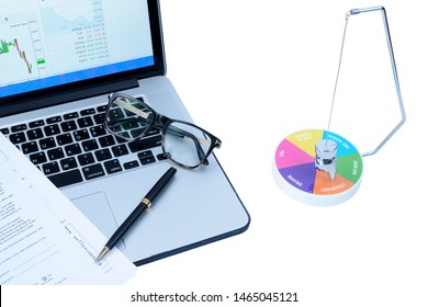 Preparation For Signing A Loan Agreement. Laptop, Glasses, A Ballpoint Pen,
And A Decision Maker Pointing To “Definitely”, Isolated On A White Background