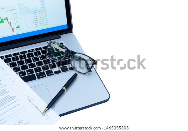 Preparation for signing a\
loan agreement. Laptop, glasses, and a ballpoint pen, isolated on a\
white background