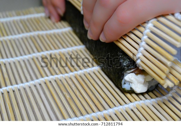 Preparation Sushi Roll Sushi Mat Stock Photo Edit Now 712811794