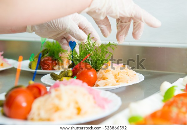 Preparation Vegetarian Salad Vegetables Chef Decorate Stock Photo