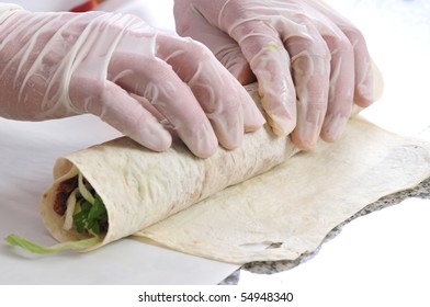 Preparation Wrap Roll Up Two Gloved Hand