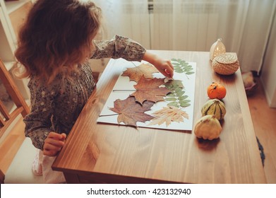 preparations for autumn craft with kids. Herbarium from dried leaves. Learning children at home, fall nature collage.